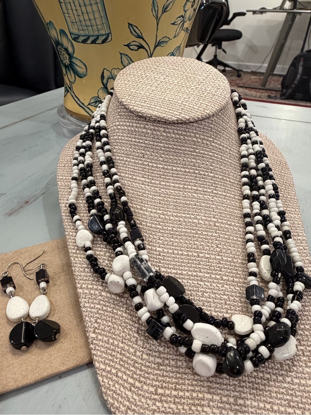 Multi-Strand Black and White Beaded Necklace and Earring Set